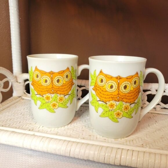 Vintage Owl Mugs – Pair of Retro Brown & Yellow Owl Cups 🦉🌼 - Picture 1 of 6
